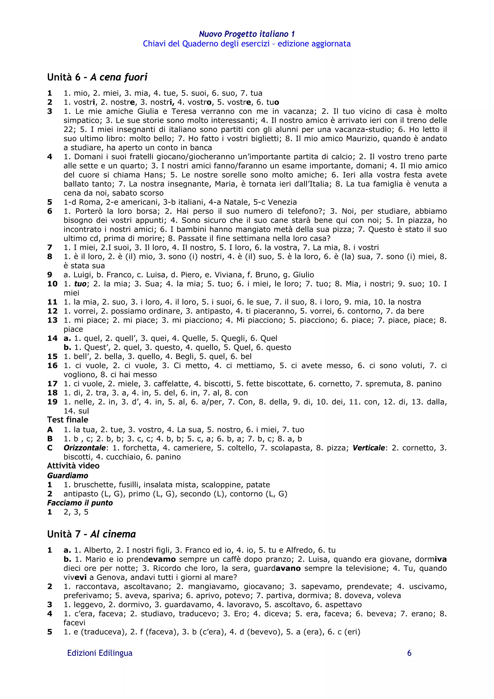 Chiavi del Quaderno: Nuovo Progetto italiano 1 | PDF