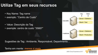 Utilize Tag em seus recursos
• Key Name: Tag name
• exemplo: ”Centro de Custo”
• Value: Descrição da Tag
• exemple: centro de custo ”35667”
Sugestões de Tag : Ambiente, Responsável, Departmento…
Tenha em mente: menos é mais
 