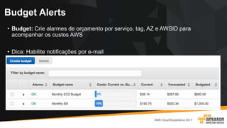 Budget Alerts
• Budget: Crie alarmes de orçamento por serviço, tag, AZ e AWSID para
acompanhar os custos AWS
• Dica: Habilite notificações por e-mail
 
