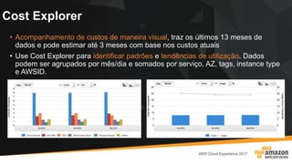 Cost Explorer
• Acompanhamento de custos de maneira visual, traz os últimos 13 meses de
dados e pode estimar até 3 meses com base nos custos atuais
• Use Cost Explorer para identificar padrões e tendências de utilização. Dados
podem ser agrupados por mês/dia e somados por serviço, AZ, tags, instance type
e AWSID.
 