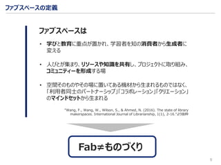 9
ファブスペースの定義
• 学びと教育に重点が置かれ、学習者を知の消費者から生成者に
変える
• 人びとが集まり、リソースや知識を共有し、プロジェクトに取り組み、
コミュニティーを形成する場
• 空間そのものやその場に置いてある機材から生まれるものではなく、
「利用者同士のパートナーシップ」「コラボレーション」「クリエーション」
のマインドセットから生まれる
ファブスペースは
“Wang, F., Wang, W., Wilson, S., & Ahmed, N. (2016). The state of library
makerspaces. International Journal of Librarianship, 1(1), 2-16.“より抜粋
Fab≠ものづくり
 