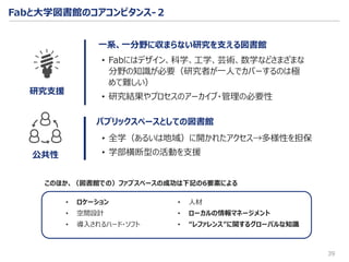 39
パブリックスペースとしての図書館
• 全学（あるいは地域）に開かれたアクセス→多様性を担保
• 学部横断型の活動を支援公共性
一系、一分野に収まらない研究を支える図書館
• Fabにはデザイン、科学、工学、芸術、数学などさまざまな
分野の知識が必要（研究者が一人でカバーするのは極
めて難しい）
• 研究結果やプロセスのアーカイブ・管理の必要性
研究支援
Fabと大学図書館のコアコンピタンス-２
• 人材
• ローカルの情報マネージメント
• “レファレンス”に関するグローバルな知識
• ロケーション
• 空間設計
• 導入されるハード・ソフト
このほか、（図書館での）ファブスペースの成功は下記の6要素による
 