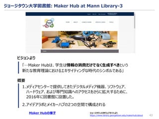 43
1.メディアセンターで提供してきたデジタルメディア機器、ソフトウェア、
ハードウェア、および専門知識へのアクセスをさらに拡大するために、
2016年に図書館に設置した。
2.アイデアラボとメイカーハブの2つの空間で構成される
ビジョンより
「…Maker Hubは、学生は情報の消費だけでなく生成すべきという
新たな教育理論におけるエキサイティングな時代のシンボルである」
概要
ジョージタウン大学ウェブサイトより
https://www.library.georgetown.edu/makerhub/about
ジョージタウン大学図書館: Maker Hub at Mann Library-3
Maker Hubの様子
 