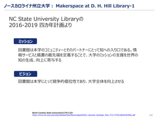 North Carolina State Universityウェブサイトより
https://www.lib.ncsu.edu/sites/default/files/files/images/NCSU_Libraries_Strategic_Plan_FY17-FY20-062916FINAL.pdf
NC State University Libraryの
2016-2019 四カ年計画より
図書館は本学のコミュニティーとそのパートナーにとって知への入り口である。情
報サービスと蔵書の最先端を定義することで、大学のミッションの支援を世界の
知の生成、向上に寄与する
44
図書館は本学にとって競争的優位性であり、大学全体を向上させる
ビジョン
ミッション
ノースカロライナ州立大学： Makerspace at D. H. Hill Library-1
 