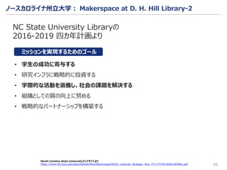 North Carolina State Universityウェブサイトより
https://www.lib.ncsu.edu/sites/default/files/files/images/NCSU_Libraries_Strategic_Plan_FY17-FY20-062916FINAL.pdf
ノースカロライナ州立大学： Makerspace at D. H. Hill Library-2
NC State University Libraryの
2016-2019 四カ年計画より
• 学生の成功に寄与する
• 研究インフラに戦略的に投資する
• 学際的な活動を涵養し、社会の課題を解決する
• 組織としての質の向上に努める
• 戦略的なパートナーシップを構築する
45
ミッションを実現するためのゴール
 