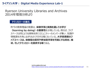 48
ライアソン大学ウェブサイトより
https://library.ryerson.ca/wp-content/uploads/RULAEnvironmentalScanReport-Nov2014.pdf
ライアソン大学： Digital Media Experience Lab-1
Ryerson University Libraries and Archives
2014年環境分析より
昨今の教育理論の発展は、体験学習と実践を通しての学び
（learning by doing）の重要性を示唆している。例えば、ファブ
スペースは同じような興味を持つコミュニティーのメンバーが集い、知識や
情報源を共有しながらものづくりする場になっている。大学図書館のフ
ァブスペースは、体験型の探究や参加型学習を可能にする資材、機
材、そしてテクノロジーを提供する場である。
テクノロジーの進化
 