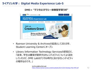 52
ライアソン大学ウェブサイトより
https://library.ryerson.ca/wp-content/uploads/2014-2019-Strategic-Plan-PDF.pdf
DME＝ “デジタルリテラシー体験型学習ラボ”
• Ryerson University & Archivesの延長として2015年、
Student Learning Centerにオープン
• Library Information Technology Servicesの部長曰く、
「従来、学生は書架が提供するセレンディピティについてよく話を
していたけど、DME Labはデジタル時代におけるセレンディピティ
の場所なのです。」
ライアソン大学： Digital Media Experience Lab-5
 