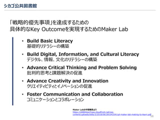 Maker Labの中間報告より
https://d4804za1f1gw.cloudfront.net/wp-
content/uploads/sites/3/2018/06/28104254/cpl-maker-lab-making-to-learn.pdf
シカゴ公共図書館
「戦略的優先事項」を達成するための
具体的なKey Outcomeを実現するためのMaker Lab
58
• Build Basic Literacy
基礎的リテラシーの構築
• Build Digital, Information, and Cultural Literacy
デジタル、情報、文化のリテラシーの構築
• Advance Critical Thinking and Problem Solving
批判的思考と課題解決の促進
• Advance Creativity and Innovation
クリエイティビティとイノベーションの促進
• Foster Communication and Collaboration
コミュニケーションとコラボレーション
 