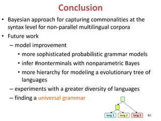Conclusion
• Bayesian approach for capturing commonalities at the
syntax level for non-parallel multilingual corpora
• Fut...