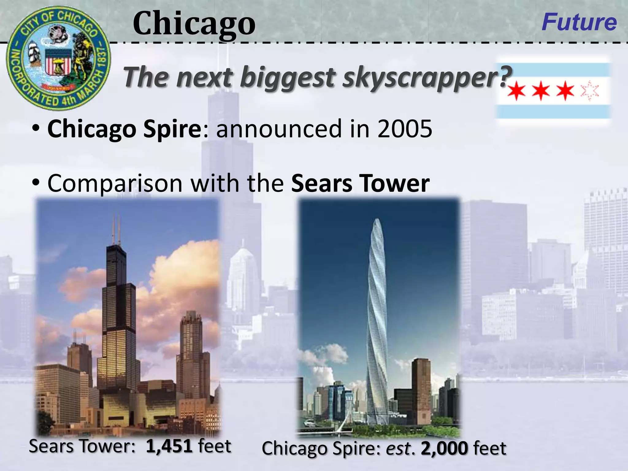 Chicago Future
• Chicago Spire: announced in 2005
• Comparison with the Sears Tower
The next biggest skyscrapper?
Chicago Spire: est. 2,000 feetSears Tower: 1,451 feet
 