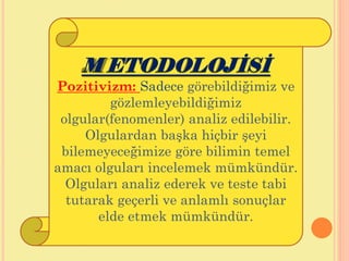 M ETODOLOJİSİ
Pozitivizm: Sadece görebildiğimiz ve
gözlemleyebildiğimiz
olgular(fenomenler) analiz edilebilir.
Olgulardan başka hiçbir şeyi
bilemeyeceğimize göre bilimin temel
amacı olguları incelemek mümkündür.
Olguları analiz ederek ve teste tabi
tutarak geçerli ve anlamlı sonuçlar
elde etmek mümkündür.
 