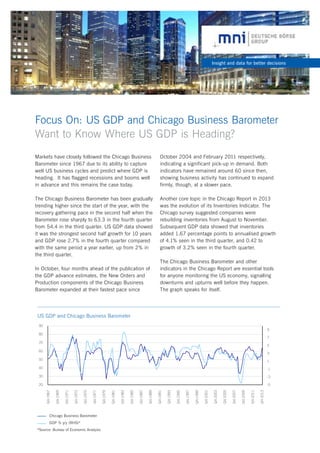 Insight and data for better decisions

Focus On: US GDP and Chicago Business Barometer
Want to Know Where US GDP is Heading?
Markets have closely followed the Chicago Business
Barometer since 1967 due to its ability to capture
well US business cycles and predict where GDP is
heading. It has flagged recessions and booms well
in advance and this remains the case today.

October 2004 and February 2011 respectively,
indicating a significant pick-up in demand. Both
indicators have remained around 60 since then,
showing business activity has continued to expand
firmly, though, at a slower pace.

The Chicago Business Barometer has been gradually
trending higher since the start of the year, with the
recovery gathering pace in the second half when the
Barometer rose sharply to 63.3 in the fourth quarter
from 54.4 in the third quarter. US GDP data showed
it was the strongest second half growth for 10 years
and GDP rose 2.7% in the fourth quarter compared
with the same period a year earlier, up from 2% in
the third quarter.

Another core topic in the Chicago Report in 2013
was the evolution of its Inventories Indicator. The
Chicago survey suggested companies were
rebuilding inventories from August to November.
Subsequent GDP data showed that inventories
added 1.67 percentage points to annualised growth
of 4.1% seen in the third quarter, and 0.42 to
growth of 3.2% seen in the fourth quarter.

In October, four months ahead of the publication of
the GDP advance estimates, the New Orders and
Production components of the Chicago Business
Barometer expanded at their fastest pace since

The Chicago Business Barometer and other
indicators in the Chicago Report are essential tools
for anyone monitoring the US economy, signalling
downturns and upturns well before they happen.
The graph speaks for itself.

US GDP and Chicago Business Barometer
90

9

80

7

70

5

60

3

Chicago Business Barometer
GDP % y/y (RHS)*
*Source: Bureau of Economic Analysis

Q4-2013

Q4-2011

Q4-2009

Q4-2007

Q4-2005

Q4-2003

Q4-2001

Q4-1999

Q4-1997

Q4-1995

Q4-1993

Q4-1991

Q4-1989

Q4-1987

Q4-1985

Q4-1983

Q4-1981

Q4-1979

Q4-1977

-5
Q4-1975

20
Q4-1973

-3

Q4-1971

-1

30

Q4-1969

1

40

Q4-1967

50

 