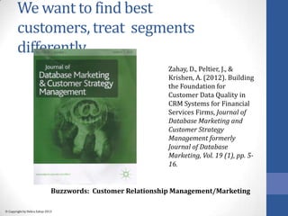 Copyright by Debra Zahay 2013
We want to find best
customers, treat segments
differently
Buzzwords: Customer Relationship ...