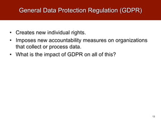 General Data Protection Regulation (GDPR)
• Creates new individual rights.
• Imposes new accountability measures on organizations
that collect or process data.
• What is the impact of GDPR on all of this?
13
 