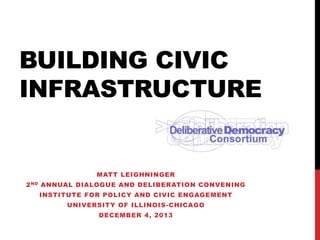 BUILDING CIVIC 
INFRASTRUCTURE 
MATT LEIGHNINGER 
2ND ANNUAL DIALOGUE AND DELIBERATION CONVENING 
INSTITUTE FOR POLICY AND CIVIC ENGAGEMENT 
UNIVERSITY OF ILLINOIS-CHICAGO 
DECEMBER 4, 2013 
 