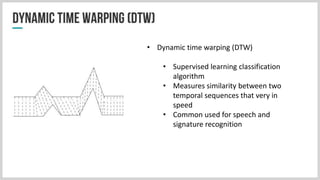 • Dynamic time warping (DTW)
• Supervised learning classification
algorithm
• Measures similarity between two
temporal sequences that very in
speed
• Common used for speech and
signature recognition
 