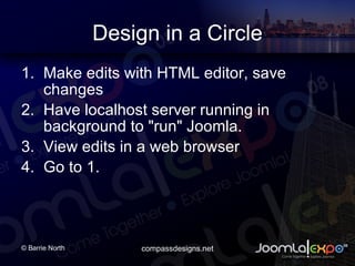 Design in a Circle Make edits with HTML editor, save changes  Have localhost server running in background to &quot;run&quot; Joomla.  View edits in a web browser  Go to 1. 