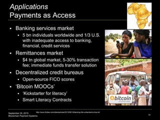 September 24, 2015
Blockchain Payment Systems
Applications
Payments as Access
 Banking services market
 5 bn individuals...