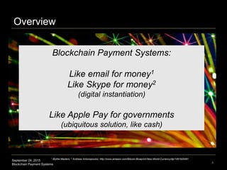 September 24, 2015
Blockchain Payment Systems
Overview
1
Blockchain Payment Systems:
Like email for money1
Like Skype for ...