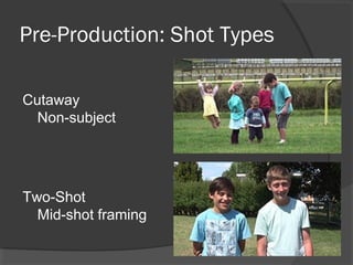 Pre-Production: Shot Types
Cutaway
Non-subject
Two-Shot
Mid-shot framing
 