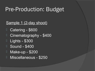 Pre-Production: Budget
Sample 1 (2-day shoot)
 Catering - $600
 Cinematography - $400
 Lights - $300
 Sound - $400
 Make-up - $200
 Miscellaneous - $250
 