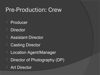 Pre-Production: Crew
 Producer
 Director
 Assistant Director
 Casting Director
 Location Agent/Manager
 Director of Photography (DP)
 Art Director
 