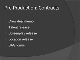 Pre-Production: Contracts
 Crew deal memo
 Talent release
 Screenplay release
 Location release
 SAG forms
 