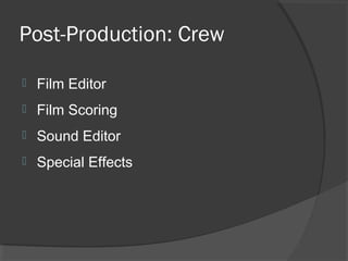 Post-Production: Crew
 Film Editor
 Film Scoring
 Sound Editor
 Special Effects
 