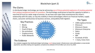 www.cebma.org
Blockchain (part 2)
In distributed ledger technology, we may be witnessing one of those potential explosions of creative potential
that catalyse exceptional levels of innovation. The technology could prove to have the capacity to deliver a
new kind of trust to a wide range of services. As we have seen open data revolutionise the citizen’s
relationship with the state, so may the visibility in these technologies reform our financial markets, supply
chains, consumer and business-to-business services, and publicly-held registers
The Claims
The Evidence
Key Practices • 1500 cryptocurrencies
• Ethereum
• Ethereum Classic
• Ethereum Enterprise
• Fabric
• Corda
• XRP
• Hundreds of ICOs
• + many, many more
The Types
• Blocks
• Mining
• Proof of Work
• De-centralised
• Cryptocurrency
• Public Networks
All of which
have been
dropped to
varying
degrees in
new versions
Our analysis suggests that distributed ledger technology could reduce banks’ infrastructure costs attributable to cross-border
payments, securities trading and regulatory compliance by between $15-20 billion per annum by 2022
 