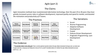 www.cebma.org
Agile (part 2)
Paired
Programming
Story Boards
Test Driven
Development
Frequent Code
Deliveries
Co-Location
Burn Up
Charts
Working
Software
Show Casing
Continuous
Integration
Velocity
Story Points
Daily
Stand-Ups
Time Boxing
Shared
Codebase
Agile innovation methods have revolutionized information technology. Over the past 25 to 30 years they have
greatly increased success rates in software development, improved quality and speed to market, and boosted
the motivation and productivity of IT teams.
The Claims
The Practices
The Evidence
The Variations
• Scrum
• Xtreme Programming
• Adaptive Software
Development
• Crystal
• Feature-Driven Development
• Pragmatic Programming. Lean
Development
• Etc..
 