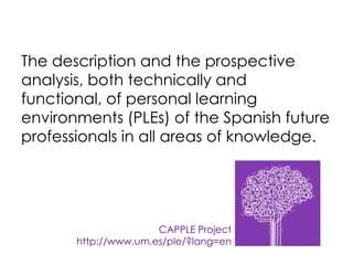 The description and the prospective
analysis, both technically and
functional, of personal learning
environments (PLEs) of the Spanish future
professionals in all areas of knowledge.

CAPPLE Project
http://www.um.es/ple/?lang=en

 