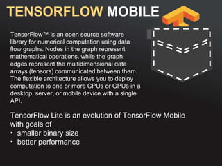 TENSORFLOW MOBILE
TensorFlow Lite is an evolution of TensorFlow Mobile
with goals of
• smaller binary size
• better performance
TensorFlow™ is an open source software
library for numerical computation using data
flow graphs. Nodes in the graph represent
mathematical operations, while the graph
edges represent the multidimensional data
arrays (tensors) communicated between them.
The flexible architecture allows you to deploy
computation to one or more CPUs or GPUs in a
desktop, server, or mobile device with a single
API.
 