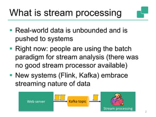 What is stream processing
 Real-world data is unbounded and is
pushed to systems
 Right now: people are using the batch
paradigm for stream analysis (there was
no good stream processor available)
 New systems (Flink, Kafka) embrace
streaming nature of data
2
Web server Kafka topic
Stream processing
 