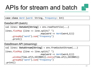 APIs for stream and batch
22
case class Word (word: String, frequency: Int)
val lines: DataStream[String] = env.fromSocketStream(...)
lines.flatMap {line => line.split(" ")
.map(word => Word(word,1))}
.window(Time.of(5,SECONDS)).every(Time.of(1,SECONDS))
.groupBy("word").sum("frequency")
.print()
val lines: DataSet[String] = env.readTextFile(...)
lines.flatMap {line => line.split(" ")
.map(word => Word(word,1))}
.groupBy("word").sum("frequency")
.print()
DataSet API (batch):
DataStream API (streaming):
 