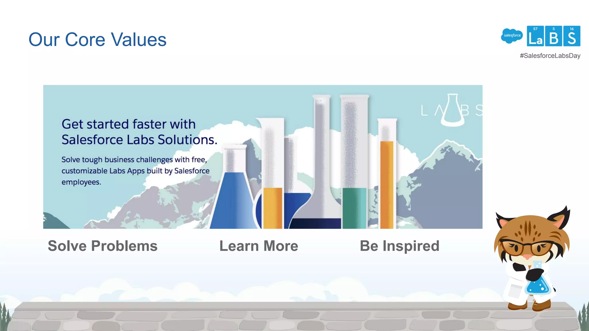 Our Core Values
Solve Problems Learn More Be Inspired
#SalesforceLabsDay
 