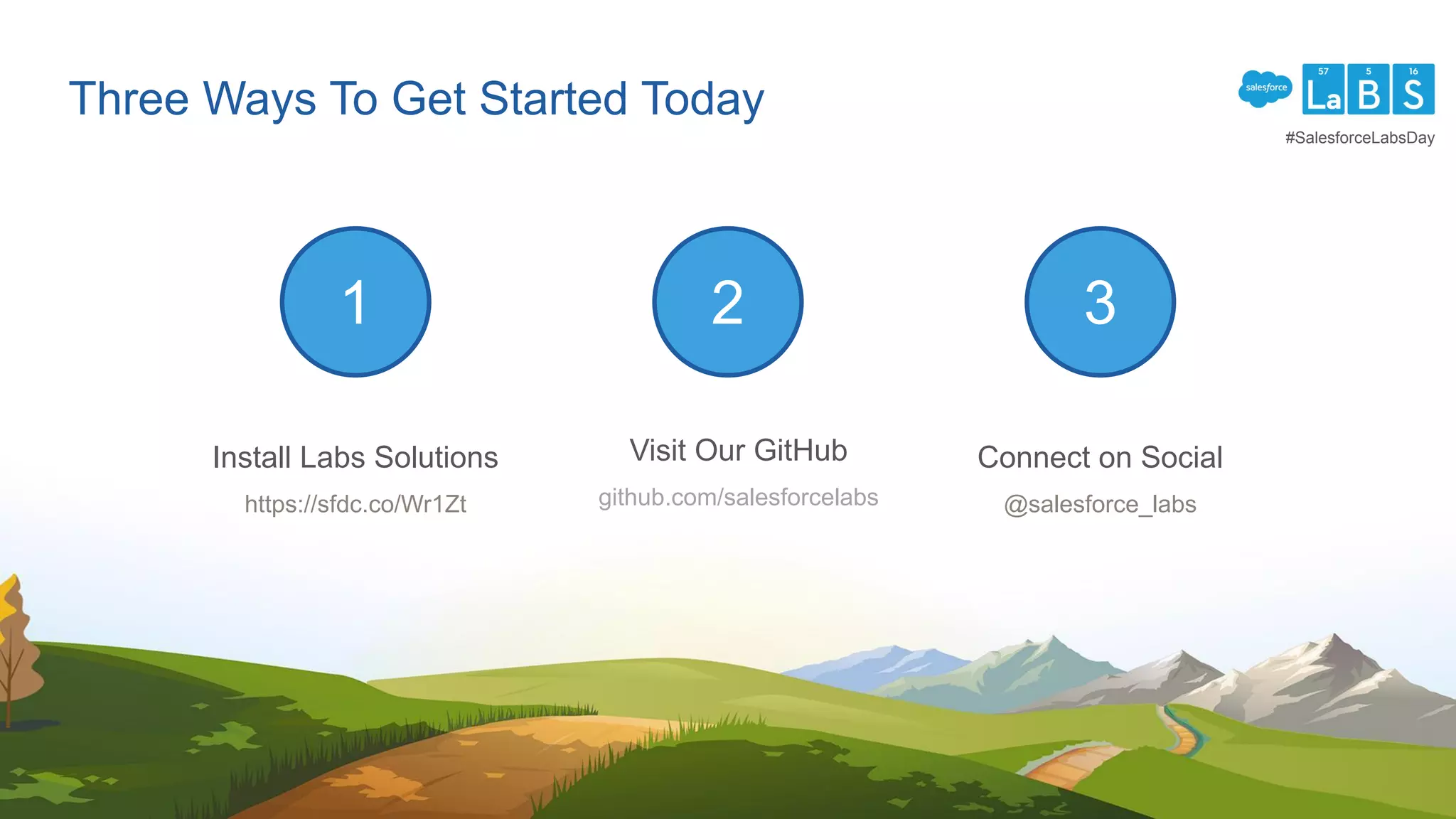 Three Ways To Get Started Today
1 2 3
Install Labs Solutions
https://sfdc.co/Wr1Zt
Visit Our GitHub
github.com/salesforcelabs
Connect on Social
@salesforce_labs
#SalesforceLabsDay
 