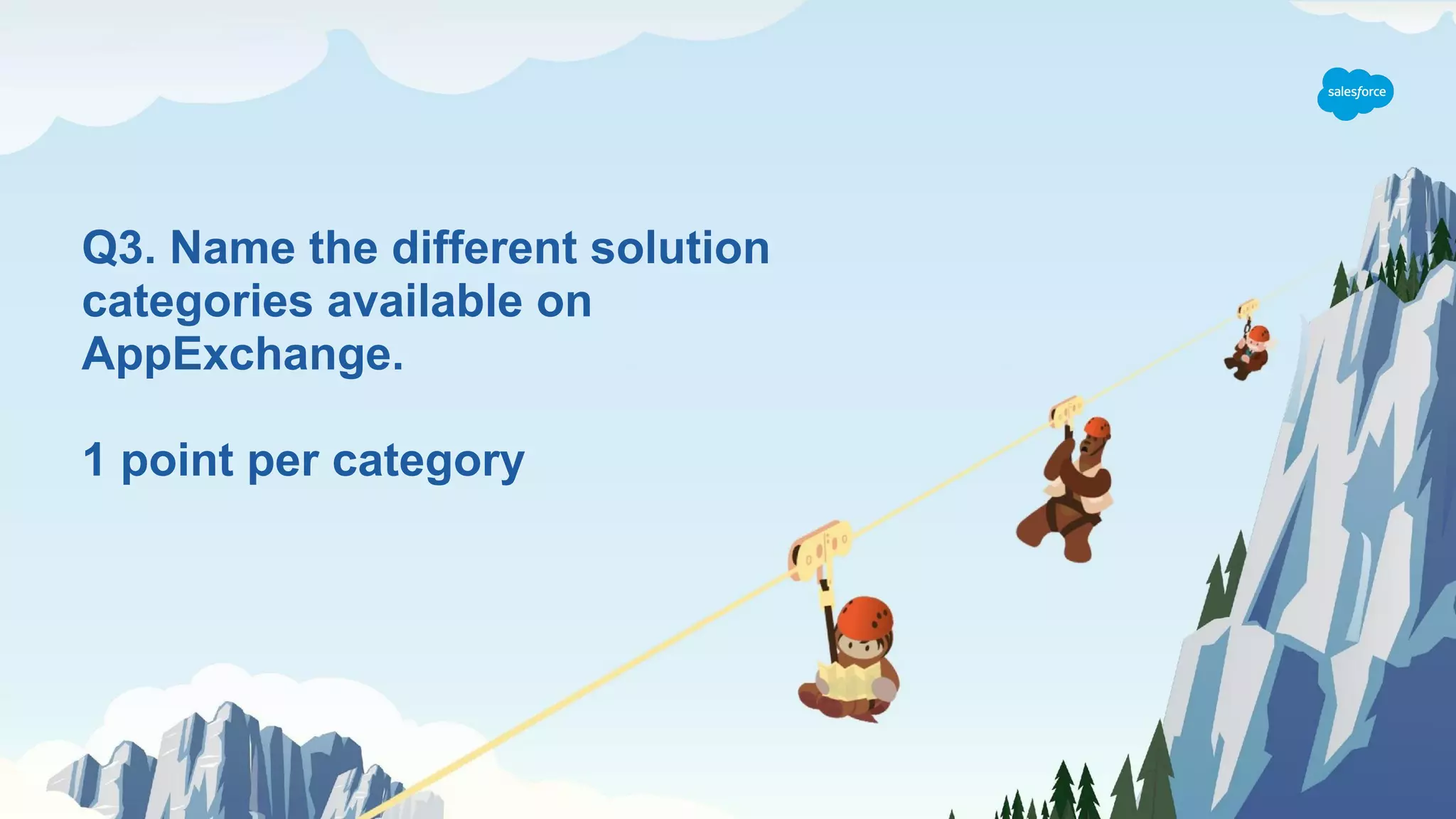 Q3. Name the different solution
categories available on
AppExchange.
1 point per category
 