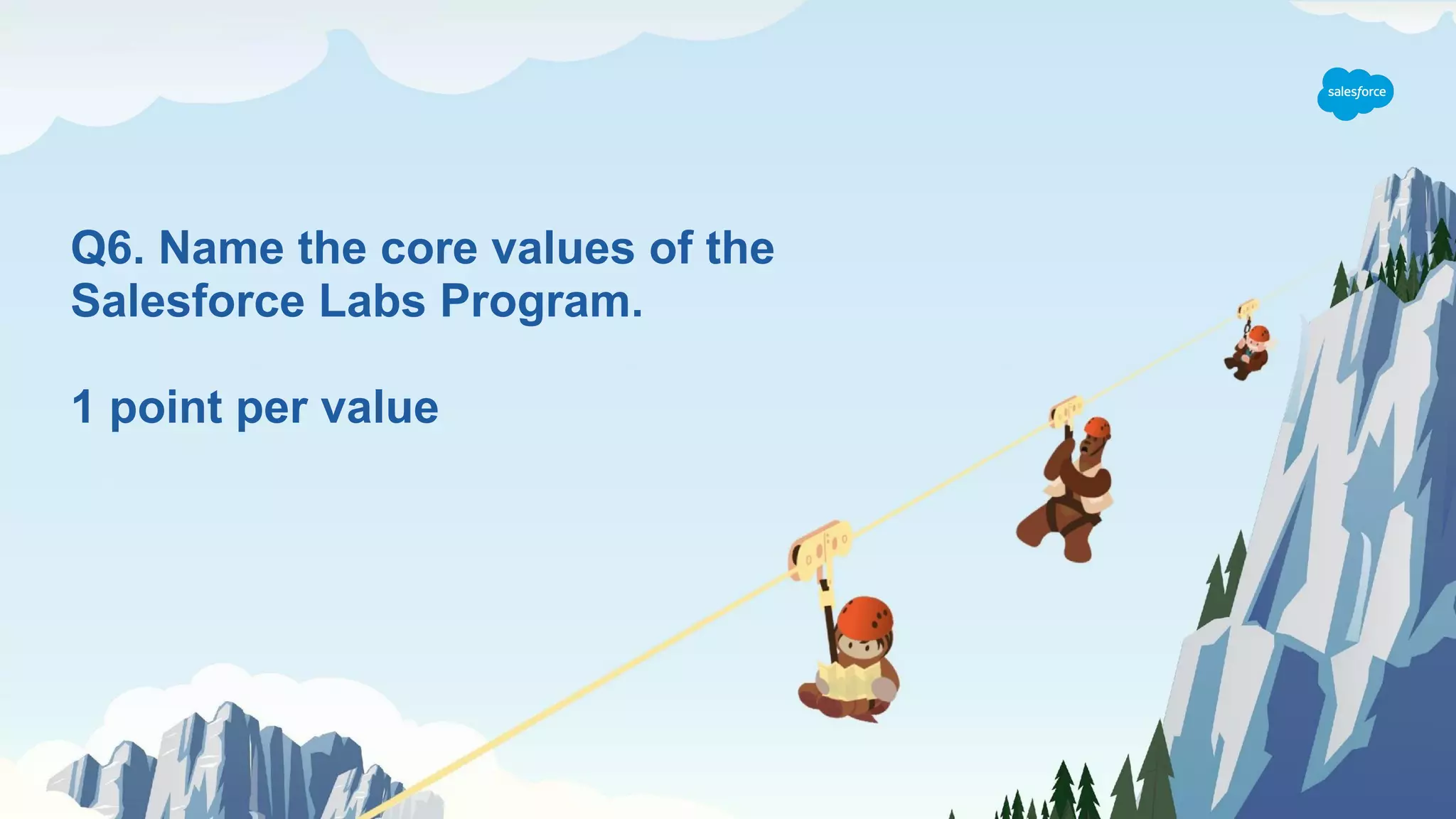 Q6. Name the core values of the
Salesforce Labs Program.
1 point per value
 