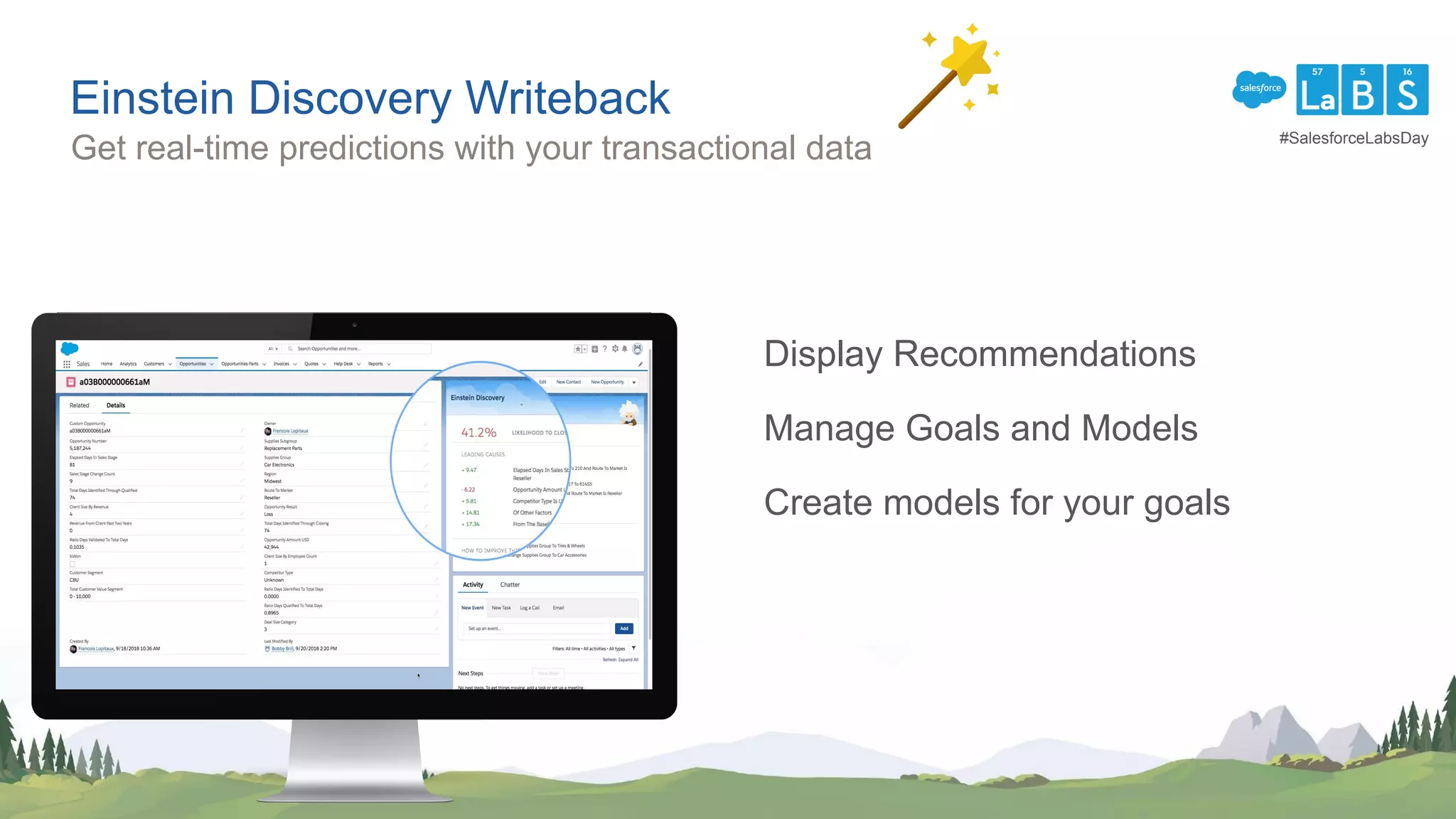 Einstein Discovery Writeback
Get real-time predictions with your transactional data
Display Recommendations
Manage Goals and Models
Create models for your goals
#SalesforceLabsDay
 