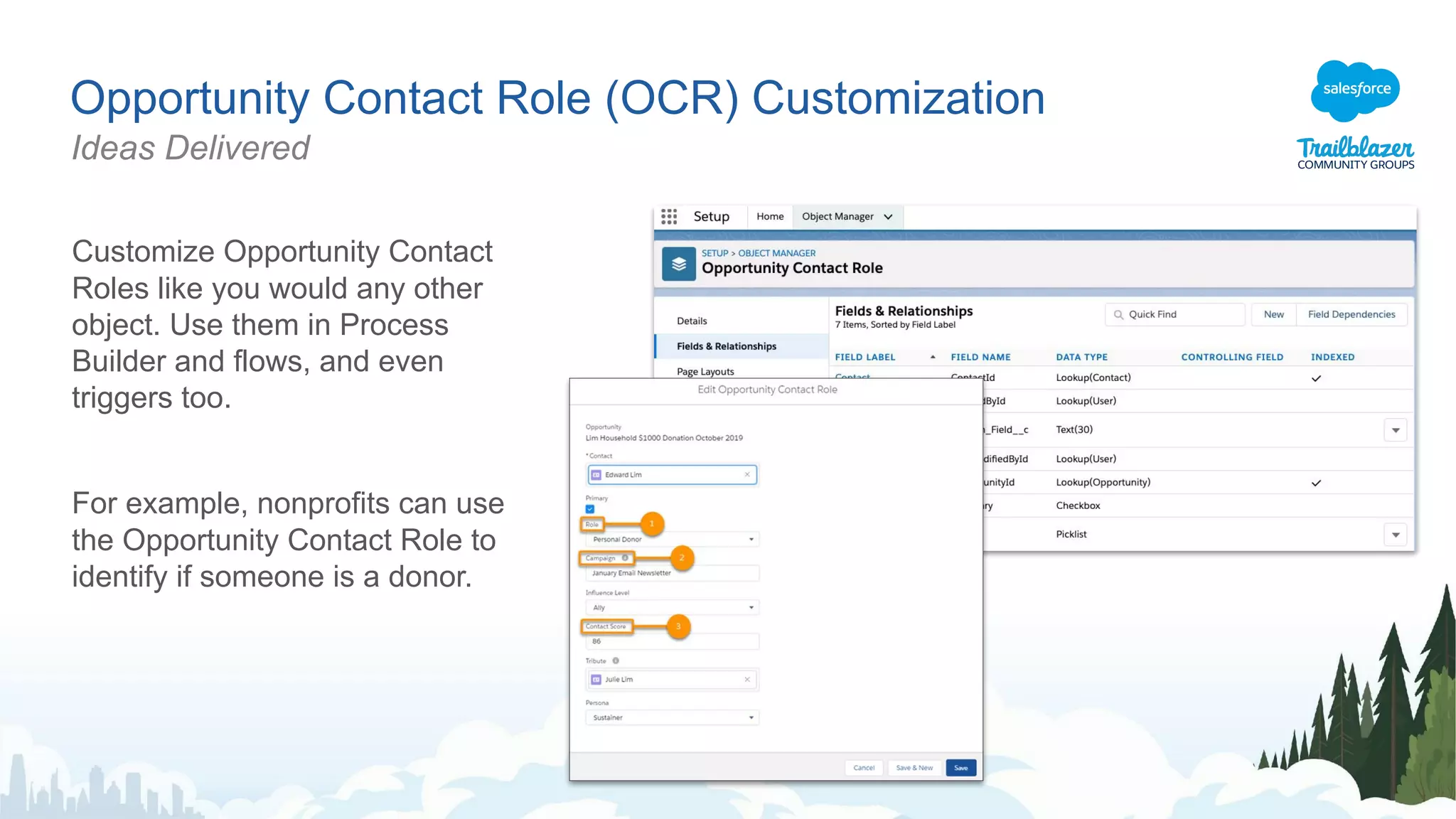 Opportunity Contact Role (OCR) Customization
Ideas Delivered
Customize Opportunity Contact
Roles like you would any other
object. Use them in Process
Builder and flows, and even
triggers too.
For example, nonprofits can use
the Opportunity Contact Role to
identify if someone is a donor.
 