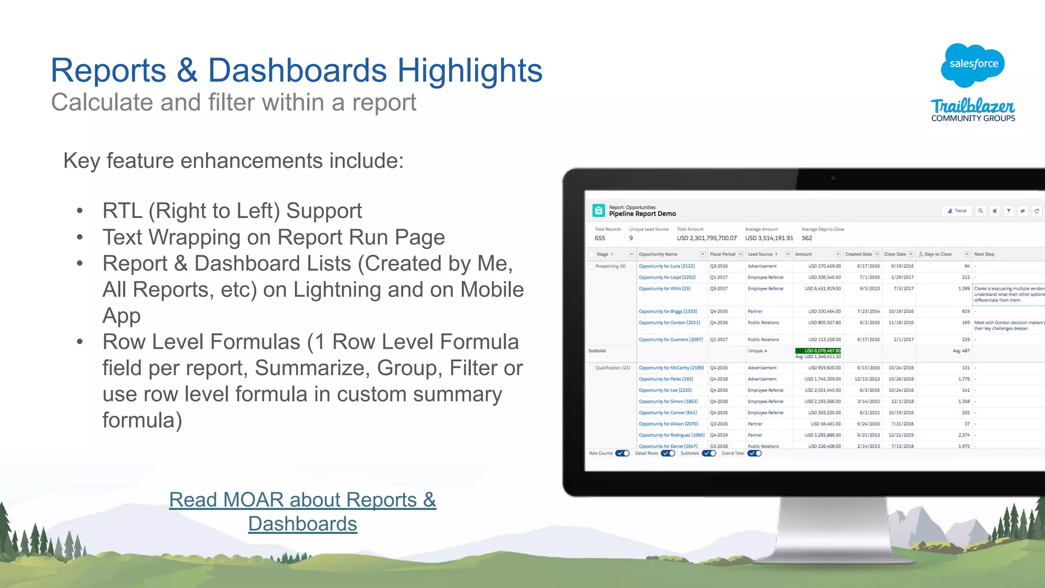 Reports & Dashboards Highlights
Key feature enhancements include:
• RTL (Right to Left) Support
• Text Wrapping on Report Run Page
• Report & Dashboard Lists (Created by Me,
All Reports, etc) on Lightning and on Mobile
App
• Row Level Formulas (1 Row Level Formula
field per report, Summarize, Group, Filter or
use row level formula in custom summary
formula)
Read MOAR about Reports &
Dashboards
Calculate and filter within a report
 