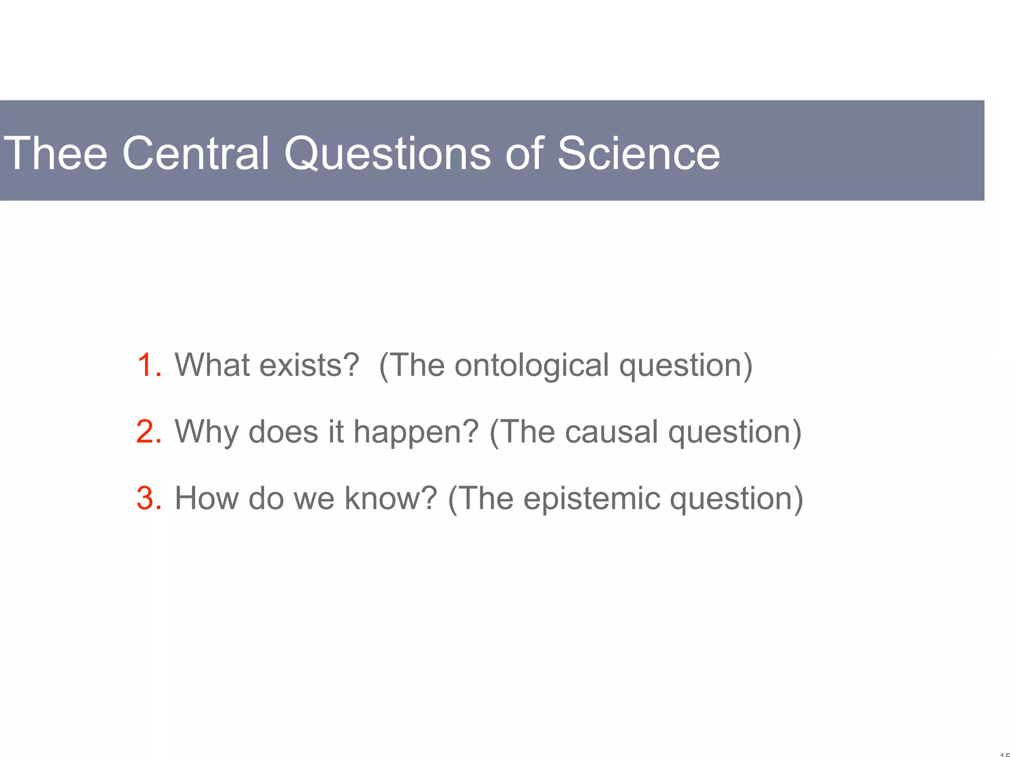 Thee Central Questions of Science
1. What exists? (The ontological question)
2. Why does it happen? (The causal question)
3. How do we know? (The epistemic question)
 