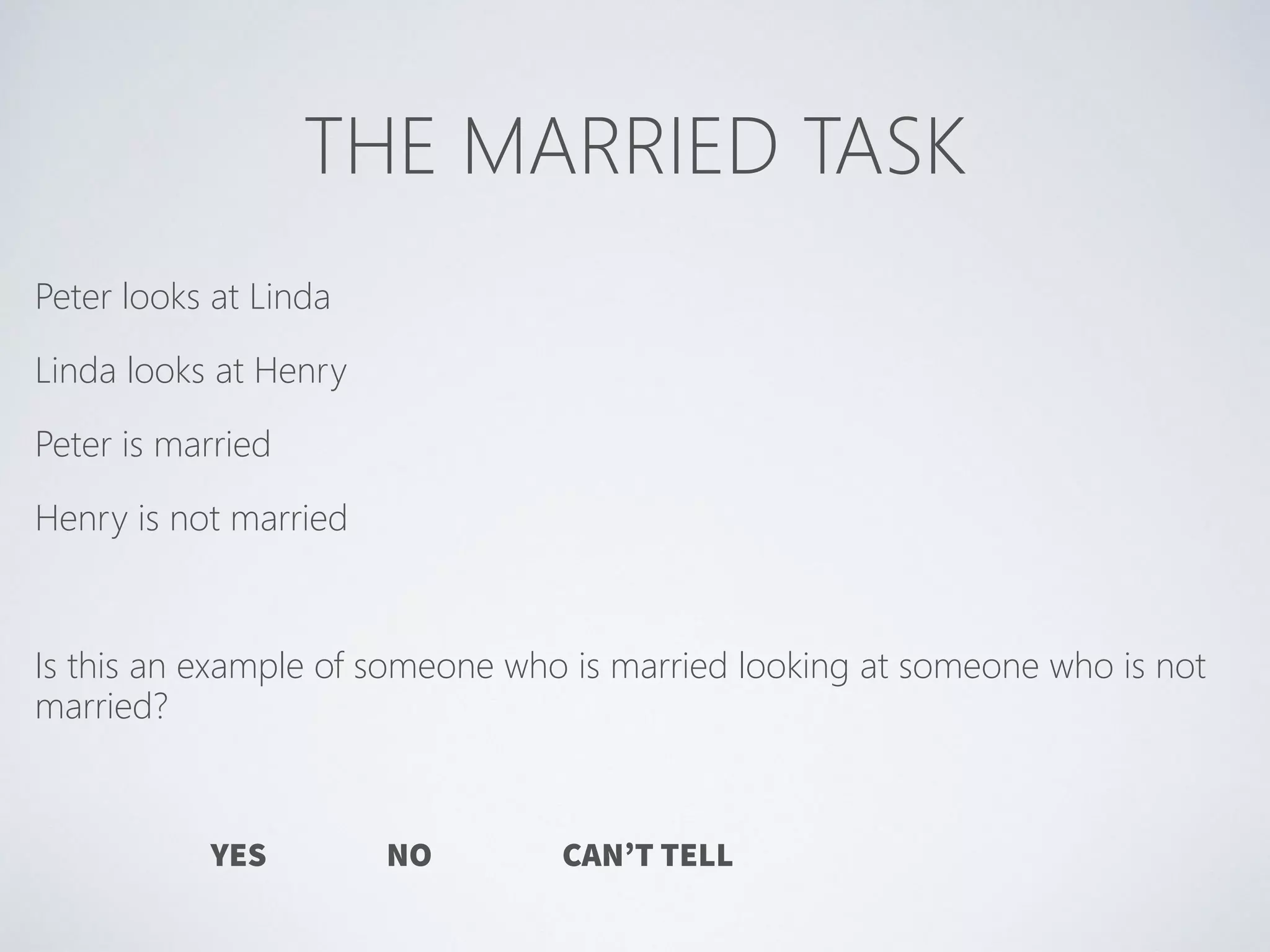 THE MARRIED TASK
Peter looks at Linda
Linda looks at Henry
Peter is married
Henry is not married
 
Is this an example of someone who is married looking at someone who is not
married?
YES NO CAN’T TELL
 