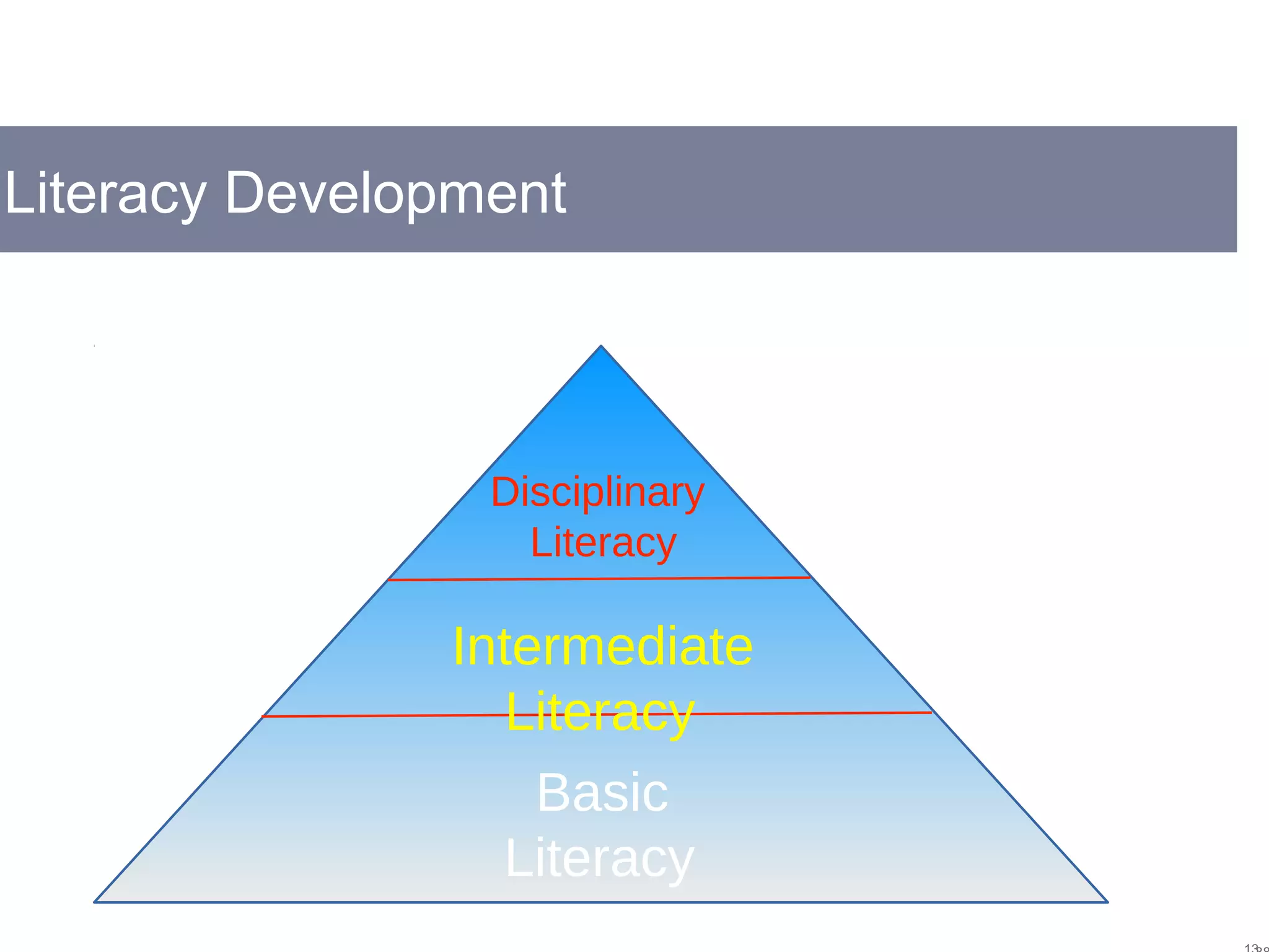 Literacy Development
Basic
Literacy
Intermediate
Literacy
Disciplinary
Literacy
 