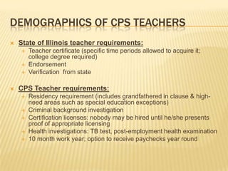 DEMOGRAPHICS OF CPS TEACHERS
   State of Illinois teacher requirements:
       Teacher certificate (specific time periods allowed to acquire it;
        college degree required)
       Endorsement
       Verification from state

   CPS Teacher requirements:
       Residency requirement (includes grandfathered in clause & high-
        need areas such as special education exceptions)
       Criminal background investigation
       Certification licenses: nobody may be hired until he/she presents
        proof of appropriate licensing
       Health investigations: TB test, post-employment health examination
       10 month work year; option to receive paychecks year round
 