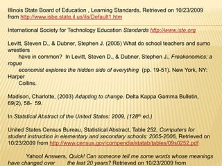 Illinois State Board of Education , Learning Standards, Retrieved on 10/23/2009
from http://www.isbe.state.il.us/ils/Default1.htm

International Society for Technology Education Standards http://www.iste.org

Levitt, Steven D., & Dubner, Stephen J. (2005) What do school teachers and sumo
wrestlers
    have in common? In Levitt, Steven D., & Dubner, Stephen J., Freakonomics: a
rogue
    economist explores the hidden side of everything (pp. 19-51). New York, NY:
Harper
    Collins.

Madison, Charlotte, (2003) Adapting to change. Delta Kappa Gamma Bulletin,
69(2), 58- 59.

In Statstical Abstract of the United States: 2009, (128th ed.)

United States Census Bureau, Statistical Abstract, Table 252, Computers for
student instruction in elementary and secondary schools: 2005-2006, Retrieved on
10/23/2009 from http://www.census.gov/compendia/statab/tables/09s0252.pdf

       Yahoo! Answers, Quick! Can someone tell me some words whose meanings
have changed over     the last 20 years? Retrieved on 10/23/2009 from
 