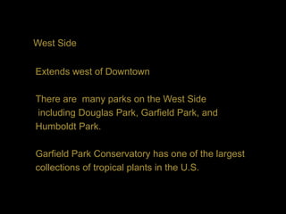 West Side

Extends west of Downtown

There are many parks on the West Side
including Douglas Park, Garfield Park, and
Humboldt Park.

Garfield Park Conservatory has one of the largest
collections of tropical plants in the U.S.
 