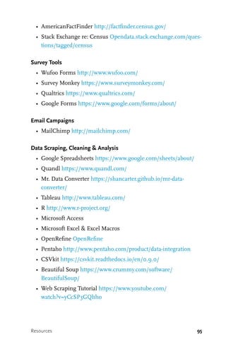 95
•	 AmericanFactFinder http://factfinder.census.gov/
•	 Stack Exchange re: Census Opendata.stack.exchange.com/ques-
tions/tagged/census
Survey Tools
•	 Wufoo Forms http://www.wufoo.com/
•	 Survey Monkey https://www.surveymonkey.com/
•	 Qualtrics https://www.qualtrics.com/
•	 Google Forms https://www.google.com/forms/about/
Email Campaigns
•	 MailChimp http://mailchimp.com/
Data Scraping, Cleaning & Analysis
•	 Google Spreadsheets https://www.google.com/sheets/about/
•	 Quandl https://www.quandl.com/
•	 Mr. Data Converter https://shancarter.github.io/mr-data-
converter/
•	 Tableau http://www.tableau.com/
•	 R http://www.r-project.org/
•	 Microsoft Access
•	 Microsoft Excel & Excel Macros
•	 OpenRefine OpenRefine
•	 Pentaho http://www.pentaho.com/product/data-integration
•	 CSVkit https://csvkit.readthedocs.io/en/0.9.0/
•	 Beautiful Soup https://www.crummy.com/software/
BeautifulSoup/
•	 Web Scraping Tutorial https://www.youtube.com/
watch?v=yCcSP3GQhho
Resources
 