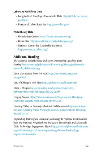 101
Labor and Workforce Data
•	 Longitudinal Employer-Household Data http://lehd.ces.census.
gov/data/
•	 Bureau of Labor Statistics http://www.bls.gov/
Philanthropy Data
•	 Foundation Center http://foundationcenter.org/
•	 GuideStar http://datadictionary.cityofchicago.org/
•	 National Center for Charitable Statistics
http:/www.nccs.urban.org/
Additional Reading
The National Neighborhood Indicators Partnership’s guide to Data
sharing http://www.neighborhoodindicators.org/library/guides/nnip-
lessons-local-data-sharing
Data User Guides from WPRDC http://www.wprdc.org/data-
user-guides/
City of Chicago’s Tech Plan http://techplan.cityofchicago.org/
Data + Design http://orm-atlas2-prod.s3.amazonaws.com/
pdf/13a07b19e01a397d8855c0463d52f454.pdf
Leap of Reason https://www.amazon.com/Leap-Reason-Managing-
Outcomes-Scarcity-ebook/dp/B0050VHAZM
Creating Value in Nonprofit Business Collaborations http://www.ama-
zon.com/Creating-Value-Nonprofit-Business-Collaborations-Thinking/
dp/1118531132
Expanding Training on Data and Technology to Improve Communities
from the National Neighborhood Indicators Partnership and Microsoft’s
Civic Technology Engagement Team http://www.neighborhoodindicators.
org/activities/projects/expanding-training-data-and-technology-
improve-communities
Resources
 