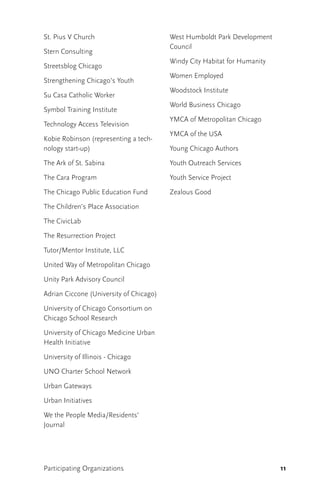 11Participating Organizations
St. Pius V Church
Stern Consulting
Streetsblog Chicago
Strengthening Chicago’s Youth
Su Casa Catholic Worker
Symbol Training Institute
Technology Access Television
Kobie Robinson (representing a tech-
nology start-up)
The Ark of St. Sabina
The Cara Program
The Chicago Public Education Fund
The Children’s Place Association
The CivicLab
The Resurrection Project
Tutor/Mentor Institute, LLC
United Way of Metropolitan Chicago
Unity Park Advisory Council
Adrian Ciccone (University of Chicago)
University of Chicago Consortium on
Chicago School Research
University of Chicago Medicine Urban
Health Initiative
University of Illinois - Chicago
UNO Charter School Network
Urban Gateways
Urban Initiatives
We the People Media/Residents’
Journal
West Humboldt Park Development
Council
Windy City Habitat for Humanity
Women Employed
Woodstock Institute
World Business Chicago
YMCA of Metropolitan Chicago
YMCA of the USA
Young Chicago Authors
Youth Outreach Services
Youth Service Project
Zealous Good
 